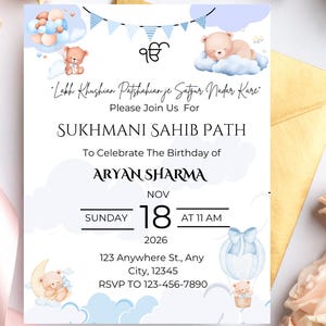 May include: A light blue invitation card with text for a Sukhmani Sahib Path to celebrate Aryan Sharma's birthday. The card features illustrations of teddy bears, clouds, and a hot air balloon. The date is November 18, 2026, at 11 AM.