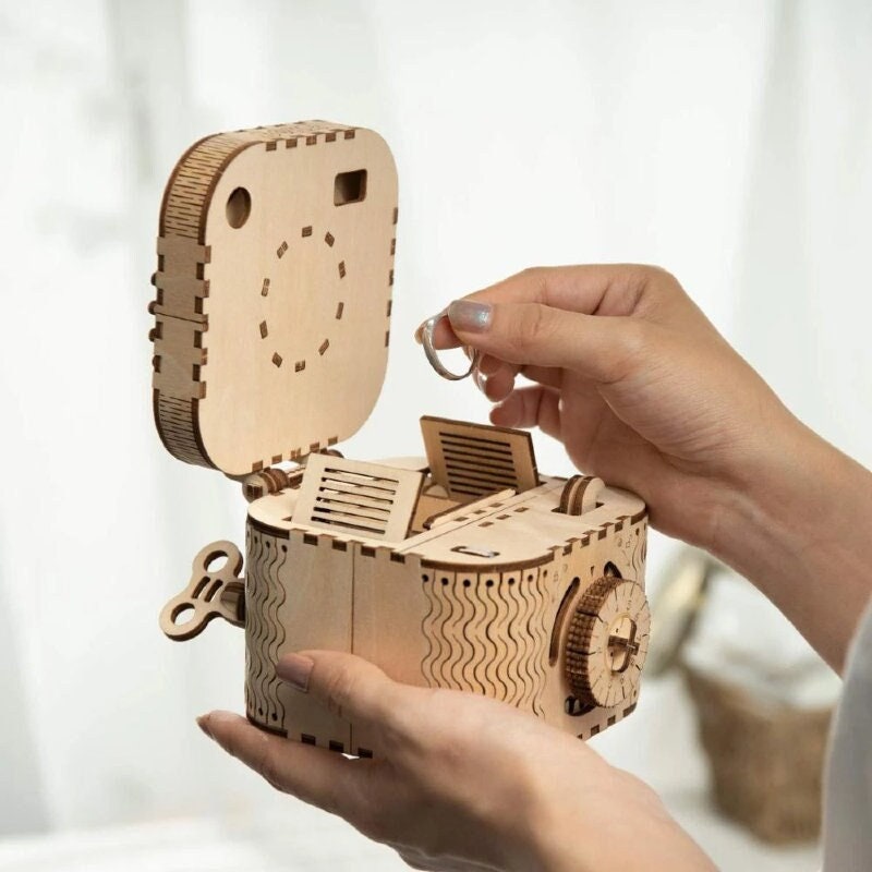 Boite à Trésor Puzzle 3D Maquette Bois Rangement Boite Bijoux Assemblage Mécanique Kit de Montage Ca