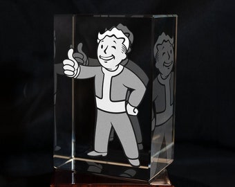 Vault Boy 3D-Glas, Gamer-Geschenk, Fallout-Dekor, Geschenke für ihn, RGB-Dekor, lasergeätzter Kristall, Schreibtisch-Dekor, Geschenk für Ehemann, GeekCrystals