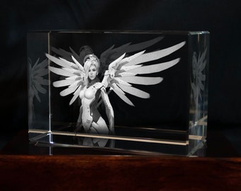 Mercy Overwatch 3D Crystal, Custom Gift for Gamers, Overwatch Art, RGB Gaming Room Decor, Unique Gift, Laser Engraved Glass, GeekCrystals