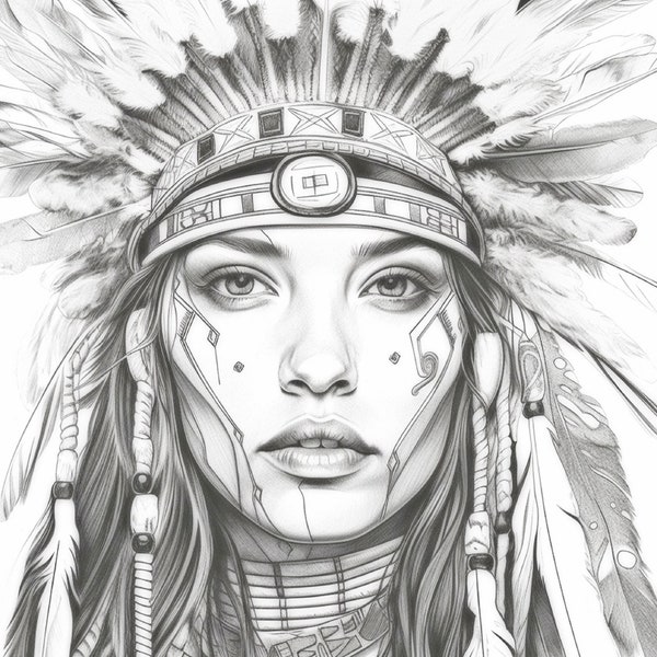 grayscale coloring book | 9 beautiful and gorgeous indians shamans from america | Grayscale Pages | adult color pages | Printable PDF