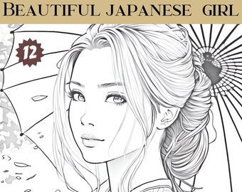 grayscale coloring book | 12 beautiful and gorgeous japans girls | Grayscale Coloring Pages | adult color pages | Illustration Printable PDF