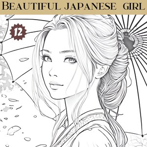grayscale coloring book | 12 beautiful and gorgeous japans girls | Grayscale Coloring Pages | adult color pages | Illustration Printable PDF