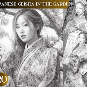 Japanese Geisha Garden: 20 Grayscale Coloring Pages (PNG & PDF)