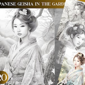 Japanese Geisha Garden: 20 Grayscale Coloring Pages (PNG & PDF)