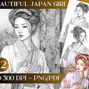 Kimono Girl Grayscale Coloring Book: Japanese Illustration (Printable PDF)
