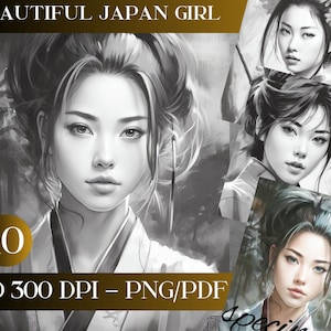Japanese Girl Grayscale Coloring Pages: Adult Illustrations (Digital Download)