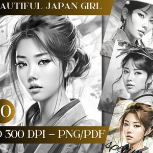 Japanese Girl Grayscale Coloring Pages: HD Printable Illustrations (PDF & PNG)
