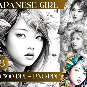 grayscale coloring book | 8 gorgeous realistic japans girls set2 | Grayscale Coloring Pages | adult color pages | Illustration Printable PDF
