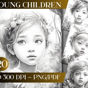 20 Beautiful grayscale Illustrations of Young Children | printable art | Grayscale Coloring Pages | adult color page | digital Printable PDF