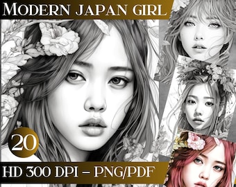 20 gorgeous modern japan girl set 2 | grayscale coloring book | Grayscale Coloring Pages | adult color pages | Illustration Printable PDF