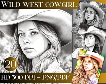 Wild West Beauty - 20 Gorgeous Cowgirl | grayscale coloring book | Grayscale Coloring Pages | adult color pages | Illustration Printable PDF