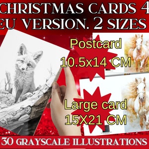 Colección 4 de tarjetas de felicitación navideñas, animales, versión UE. Navidad y Año Nuevo. 2 versiones A4, mitad A4. Alta definición. Descarga instantánea