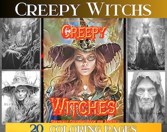 Creepy Witchs Grayscale Coloring Book for Adults, horror Coloring Book | halloween Creepy sorceres Coloring pages.