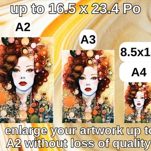 May include: Art prints featuring a woman with red lips and curly brown hair, available in A2, A3, 8.5x11, and A4 sizes. The artwork can be enlarged up to A2 size without loss of quality. The image includes text.