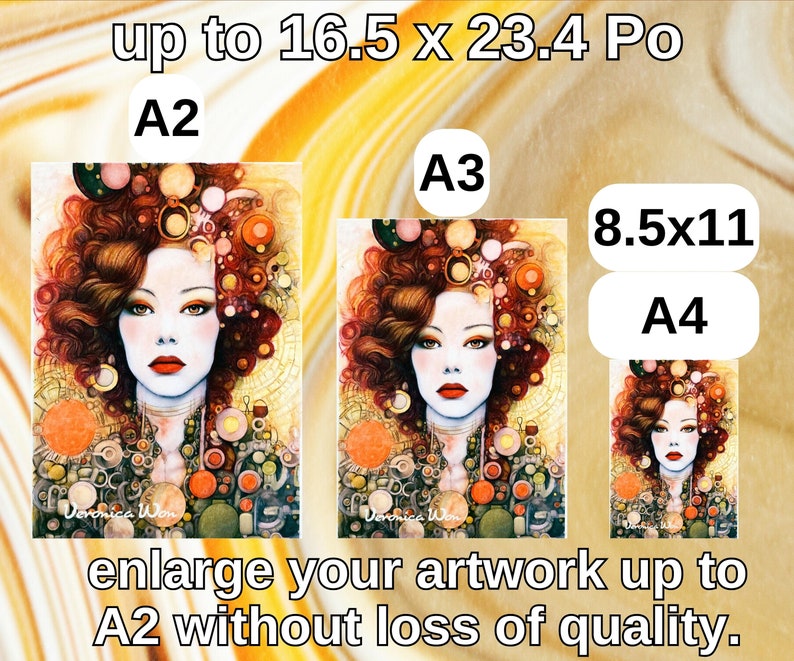 May include: Art prints featuring a woman with red lips and curly brown hair, available in A2, A3, 8.5x11, and A4 sizes. The artwork can be enlarged up to A2 size without loss of quality. The image includes text.