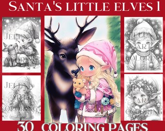 Libro para colorear navideño en escala de grises: Los pequeños elfos de Papá Noel (Descarga PDF)