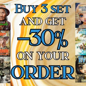May include: An advertisement for coloring books. The image features several book covers with titles like "Big Eyes Girls" and "Creepy Witches." Text in the image reads "Buy 3 Set and Get -30% On Your Order."