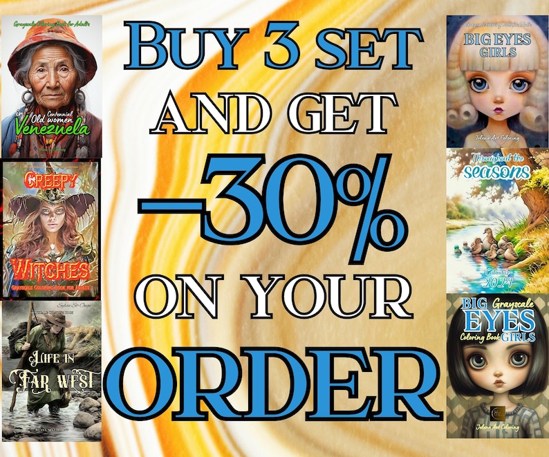 May include: An advertisement for coloring books. The image features several book covers with titles like "Big Eyes Girls" and "Creepy Witches." Text in the image reads "Buy 3 Set and Get -30% On Your Order."
