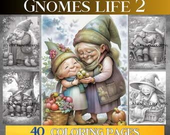 Gnomes Life 2, Grayscale Coloring Book adult.  Whimsical World of Gnomes.  Instant PDF Download