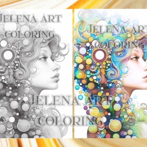 May include: Two illustrations of a woman's profile with elaborate hair and bubble-like designs. One is in grayscale, the other in vibrant colors including blue, yellow, and green. The text "JELENA ART COLORING" is displayed.