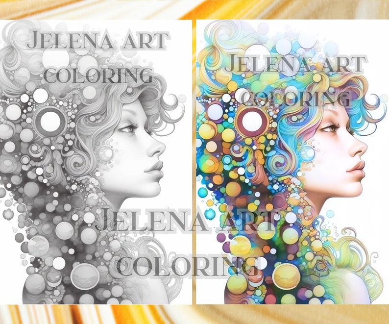 May include: Two illustrations of a woman's profile with elaborate hair and bubble-like designs. One is in grayscale, the other in vibrant colors including blue, yellow, and green. The text "JELENA ART COLORING" is displayed.
