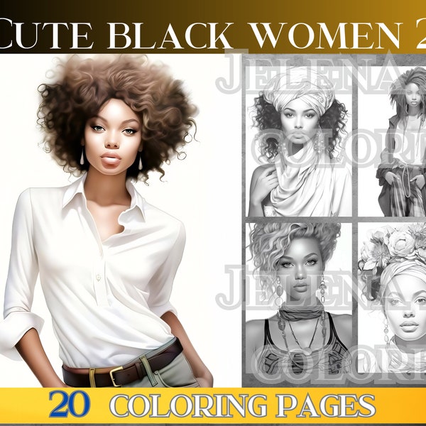 Portraits de femmes noires 2, livre de coloriage en niveaux de gris pour adultes. 20 femmes noires à colorier. Livre de coloriage pour adultes imprimable au format PDF. Téléchargement instantané