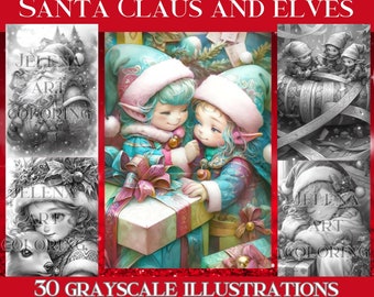 Libro para colorear en escala de grises de Papá Noel y elfos: 30 ilustraciones navideñas (Descarga PDF)