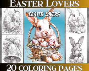 Grayscale Easter Coloring Pages: Bunny, Bell & Eggs (PDF Book)