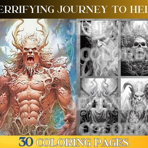 Grayscale coloring book adult, Journey in hell. 20 Grayscale coloring page. PDF printable adult coloring book. Instant download