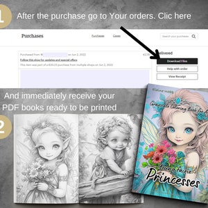 May include: A screenshot of a computer screen showing a purchase confirmation on Etsy. The text on the screen says "Purchased from" and "Follow this shop for updates and special offers". The screen also shows a button that says "Download Files". Below the screen is a grayscale coloring book for adults featuring a young fairy with pink hair and blue eyes. The book cover says "Grayscale Coloring Book for Adults" and "Young Fairie Princesses".
