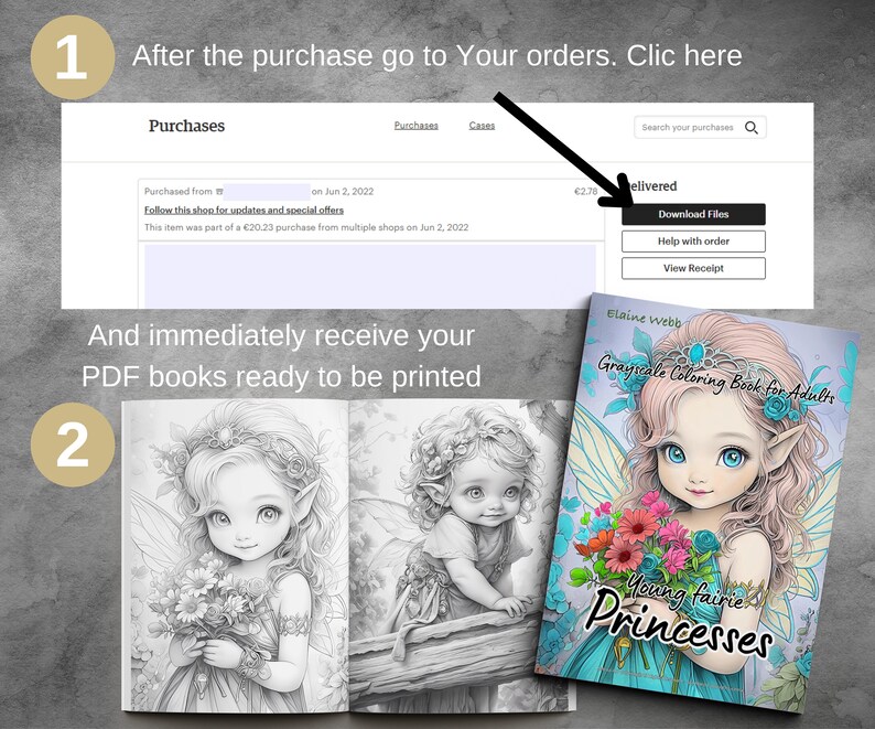 May include: A screenshot of a computer screen showing a purchase confirmation on Etsy. The text on the screen says "Purchased from" and "Follow this shop for updates and special offers". The screen also shows a button that says "Download Files". Below the screen is a grayscale coloring book for adults featuring a young fairy with pink hair and blue eyes. The book cover says "Grayscale Coloring Book for Adults" and "Young Fairie Princesses".