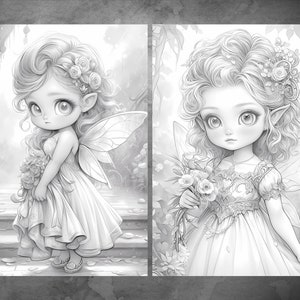 May include: Two black and white illustrations of fairies with wings, flowers, and elaborate dresses. The fairies have large eyes and are wearing flower crowns.