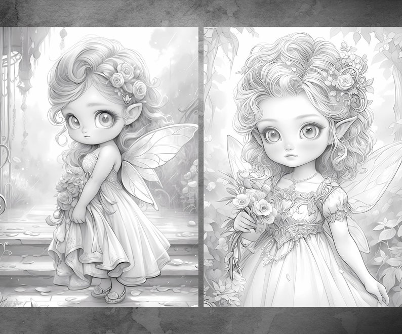 May include: Two black and white illustrations of fairies with wings, flowers, and elaborate dresses. The fairies have large eyes and are wearing flower crowns.