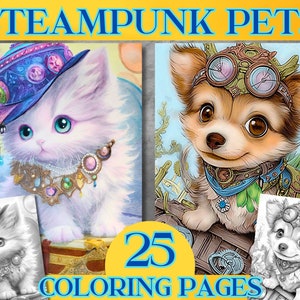 Grayscale Coloring Pages of Steampunk Pets. 25 Cute animals set. Printable grayscale coloring book A4 format in PDF HD. Instant download