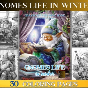 Winter Gnomes Life, Grayscale Coloring Book adult.  Whimsical World of Gnomes.  Instant PDF Download