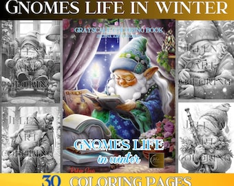 Winter Gnomes Life, Grayscale Coloring Book adult.  Whimsical World of Gnomes.  Instant PDF Download