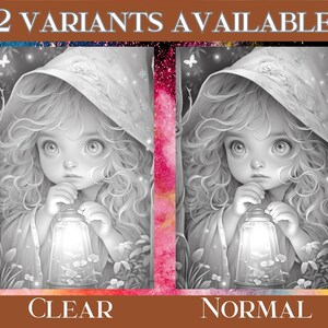May include: A black and white illustration of a young girl with long curly hair wearing a hooded cloak and holding a lantern. The girl is looking down at the lantern, which is glowing. The image is labeled "CLEAR" and "NORMAL".