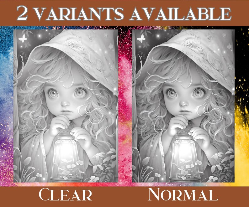 May include: A black and white illustration of a young girl with long curly hair wearing a hooded cloak and holding a lantern. The girl is looking down at the lantern, which is glowing. The image is labeled "CLEAR" and "NORMAL".
