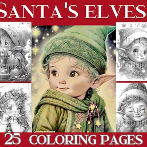Grayscale coloring book "Cute Santa's elves". 25 illustrations to color Christmas. High-Definition. PDF in instant Download.