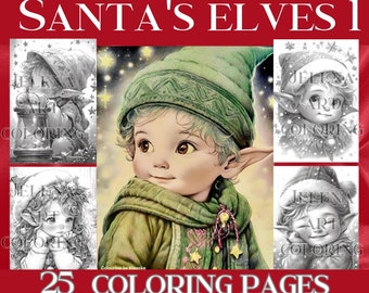 Libro para colorear de los elfos de Papá Noel: 25 ilustraciones navideñas en escala de grises (PDF)