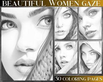 Instant Download Grayscale Coloring Pages for Women - 30 Beautiful women gaze Images - High-Quality PDF Files - Easy grayscale prints