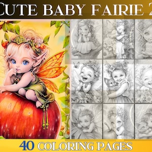 40 Grayscale fairy coloring pages of cute baby fairie, printable PDF format A4 illustrations. instant download. HD coloring PDF file