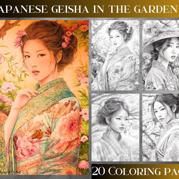 20 Grayscale adult coloring pages of beautiful Japanese geisha. HD, format A4 in PNG & PDF | Printable Adult Coloring book. Instant download