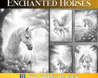 Enchanted Horses Coloring Book: Grayscale Unicorns & Pegasus (HD PDF)