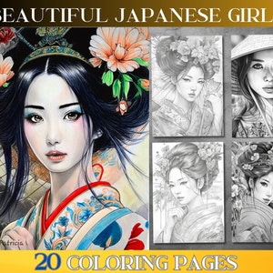 20 realistic Grayscale adult coloring Pages of beautiful japanese girls 3. Grayscale coloring book, printable PDF format & PNG illustrations