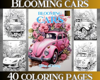 Blooming Cars Grayscale Coloring Book - 40 Unique Flower-Themed Car coloring Pages, Instant PDF Download for Creativity