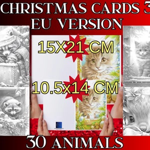 Kerstwenskaartencollectie 3, dieren EU-versie. Kerstmis en Nieuwjaar. 2 versies A4, half A4. Hoge kwaliteit. Directe download