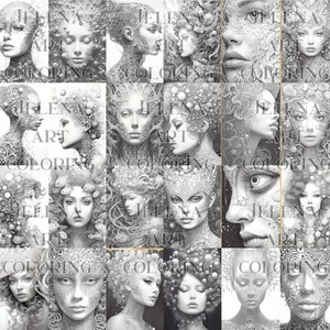 May include: A collection of black and white illustrations featuring detailed portraits of women. The artwork includes intricate patterns and textures, with the text "JELENA ART COLORING" visible on several images. The portraits showcase various styles and expressions.