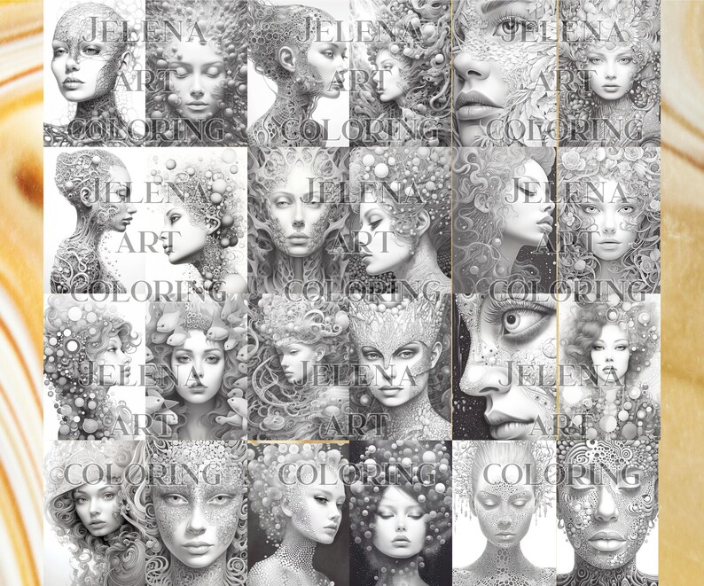 May include: A collection of black and white illustrations featuring detailed portraits of women. The artwork includes intricate patterns and textures, with the text "JELENA ART COLORING" visible on several images. The portraits showcase various styles and expressions.
